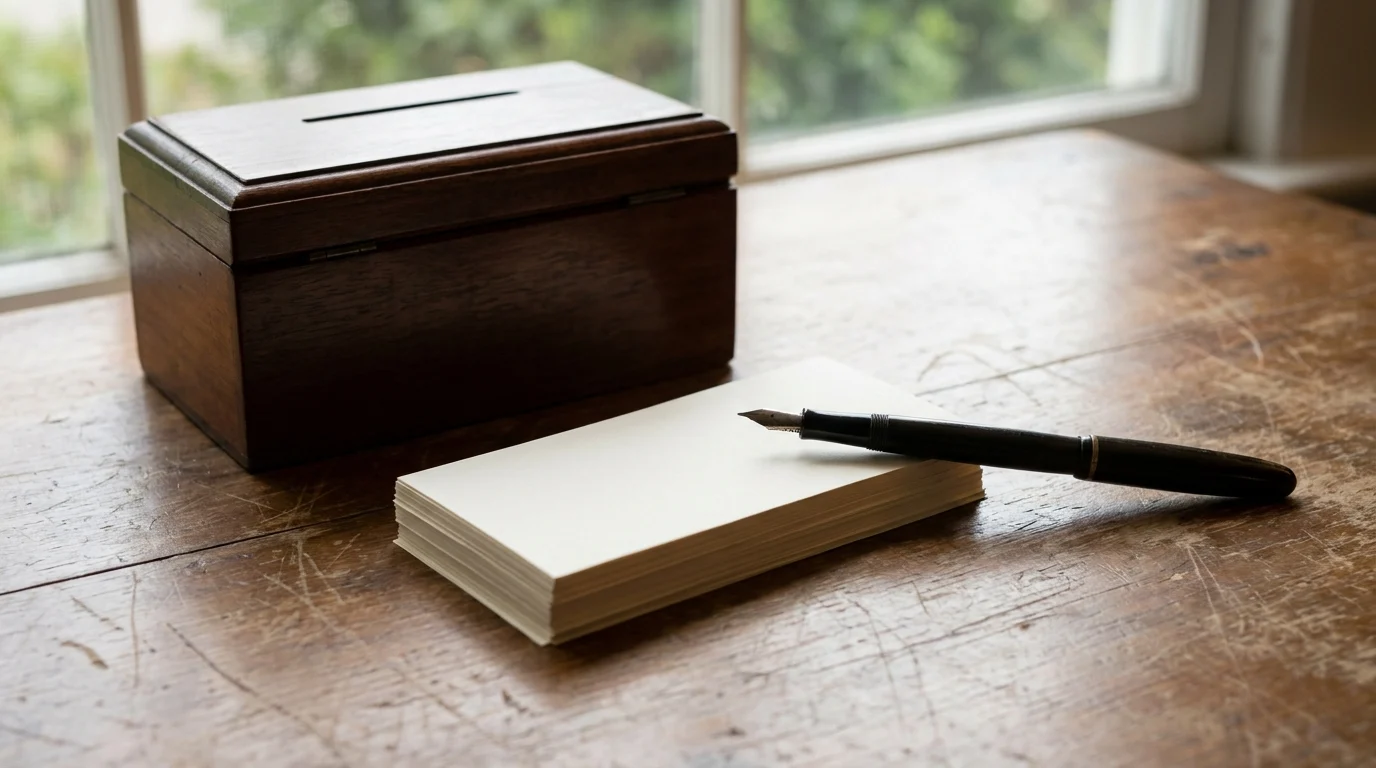 A stack of blank paper ballot slips and a fountain pen beside a wooden ballot box on a desk in daylight
