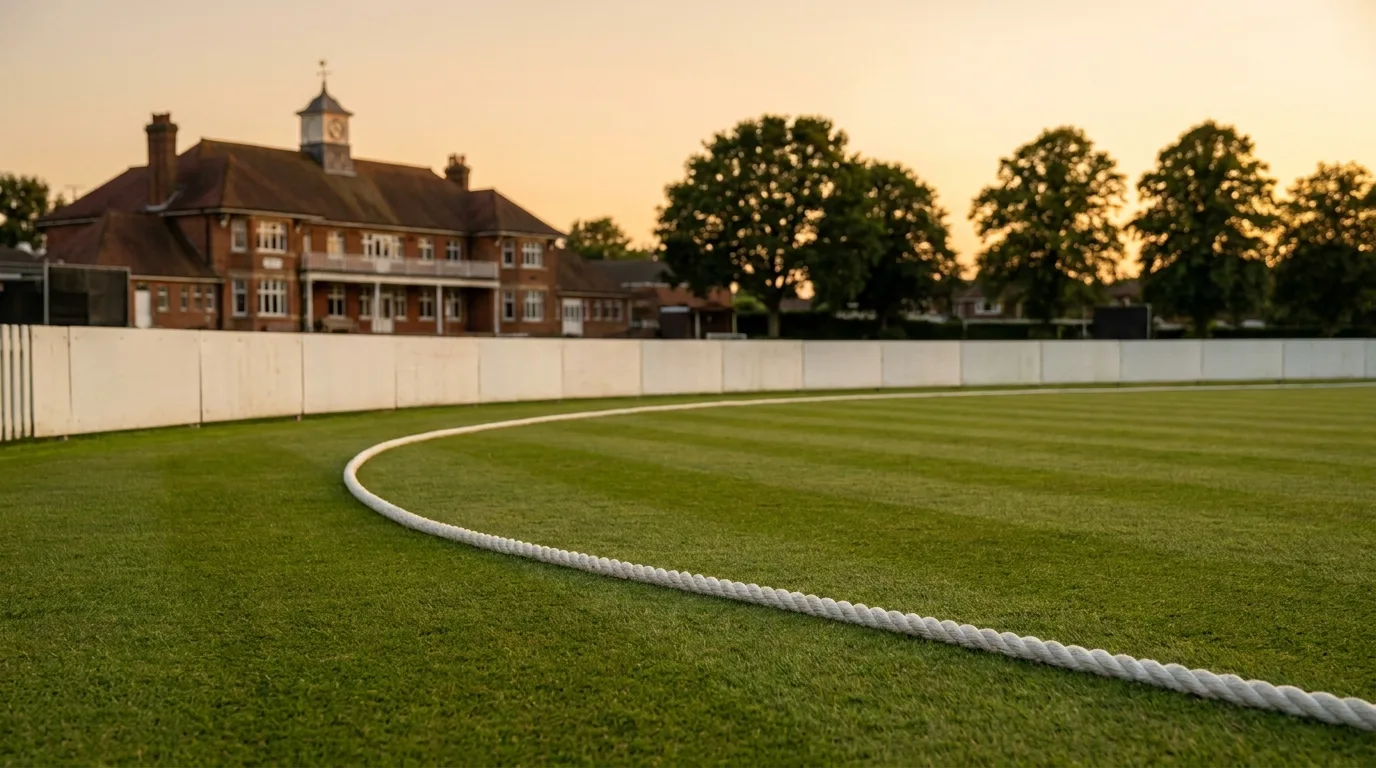 A white boundary rope curving across a striped green outfield at an English cricket ground at sunset