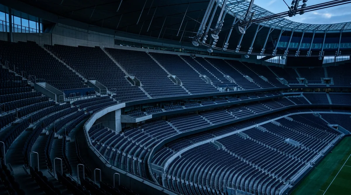 Empty tiers of navy seats inside a large modern English football stadium at dusk