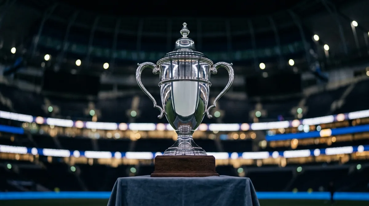 A silver two-handled football trophy on a plinth in an empty floodlit stadium