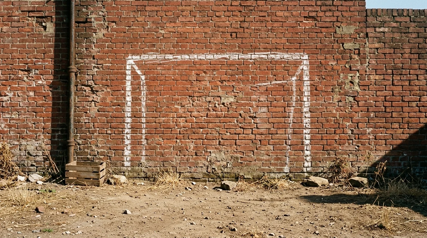 A goal outline drawn in white chalk on a weathered brick wall beside bare ground in bright daylight