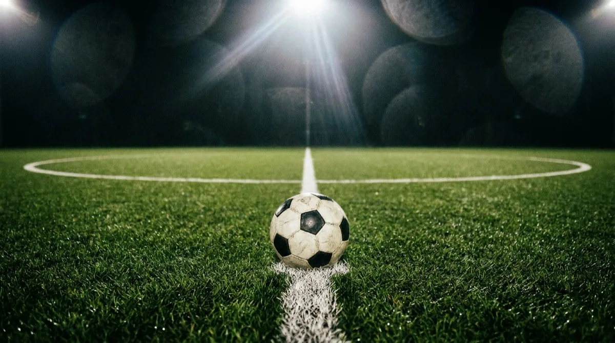 A football on the halfway line of a floodlit pitch at night