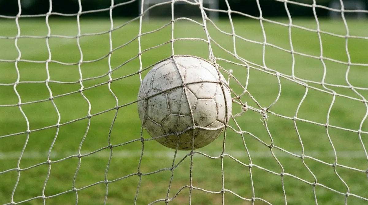 A football caught in the back of a goal net