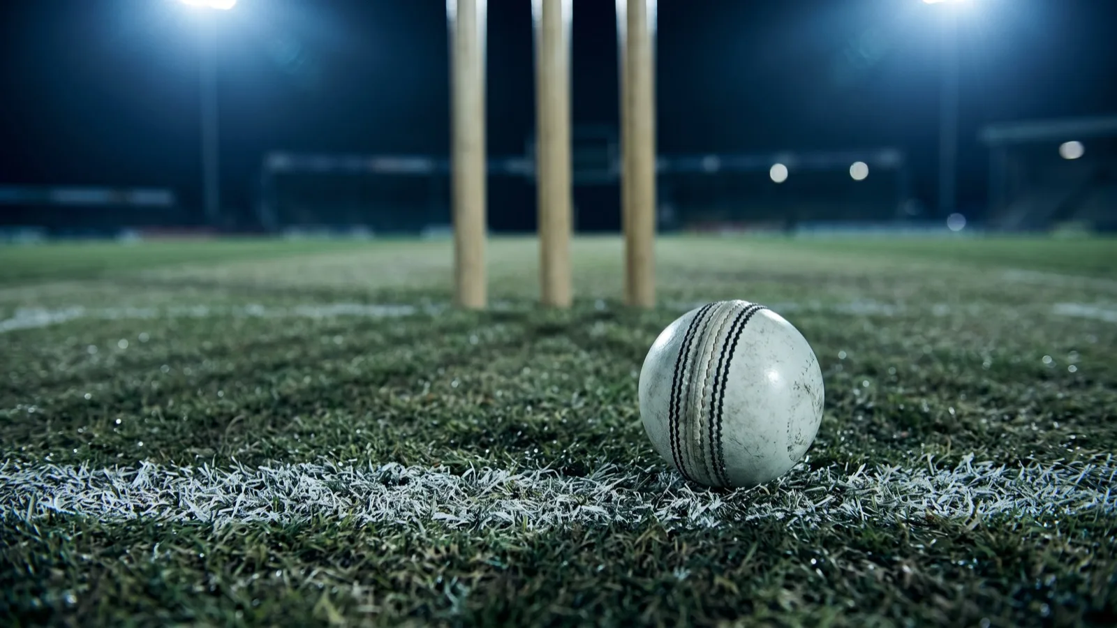 A white cricket ball resting on the crease line in front of three stumps under floodlights