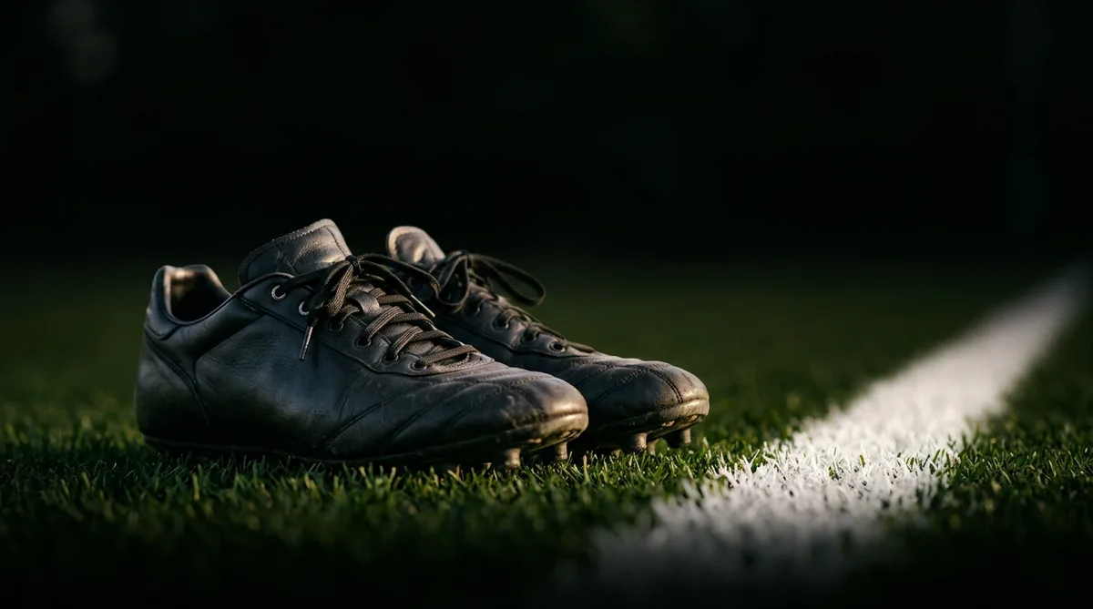 A pair of plain black football boots with studs resting on grass beside a white pitch line