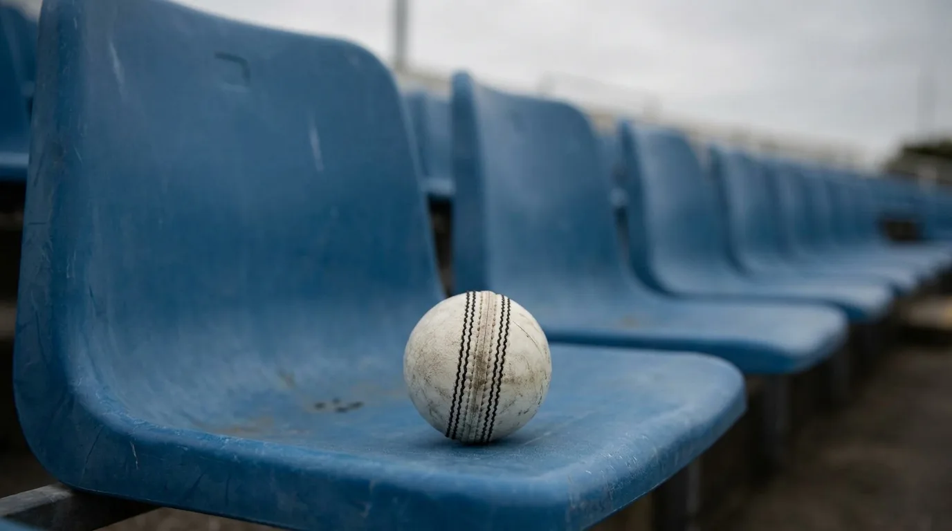 A white cricket ball with black stitching resting on an empty blue plastic seat in a cricket ground stand