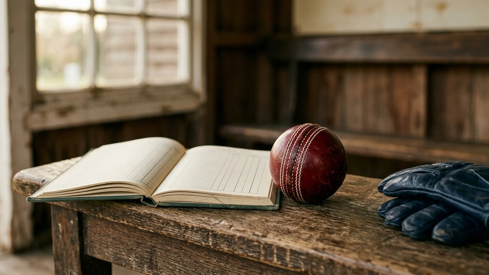An open scorebook, a red leather cricket ball and batting gloves on a wooden bench in an old pavilion