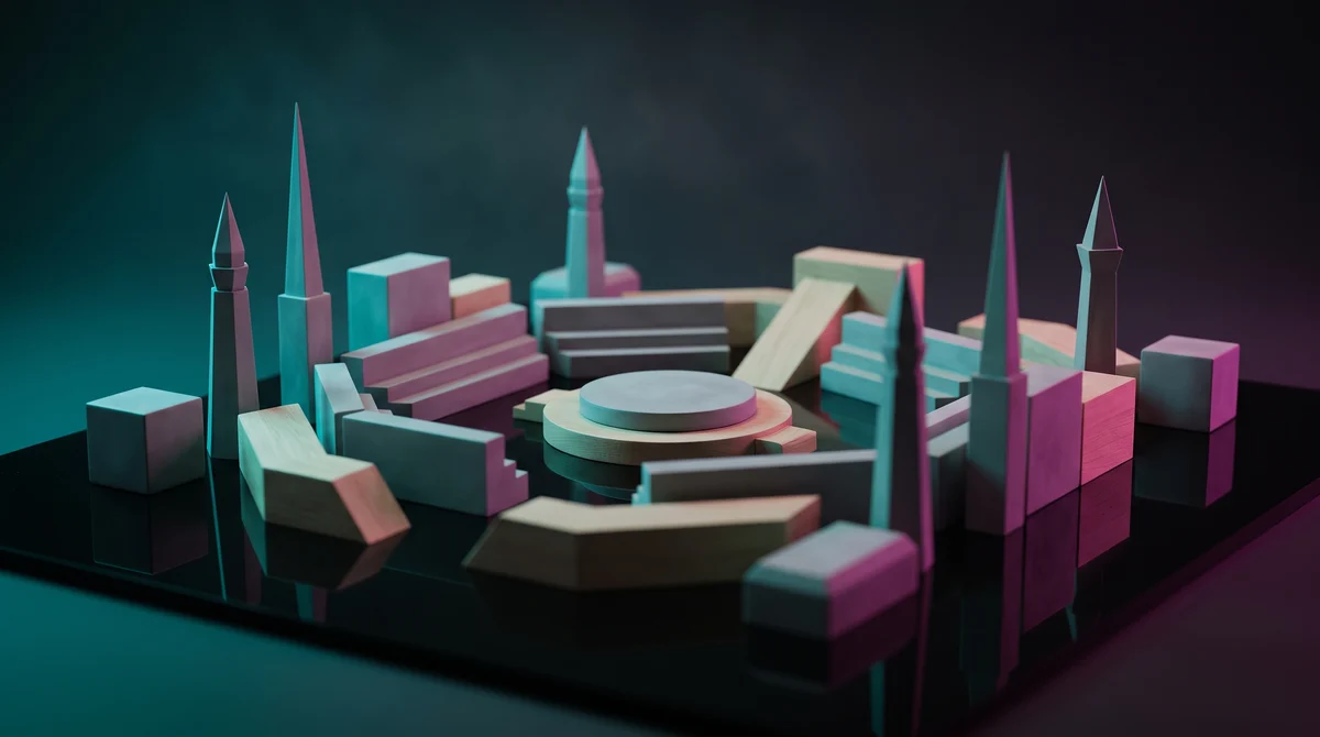 Abstract model of a custom arena built from geometric blocks under teal and magenta light