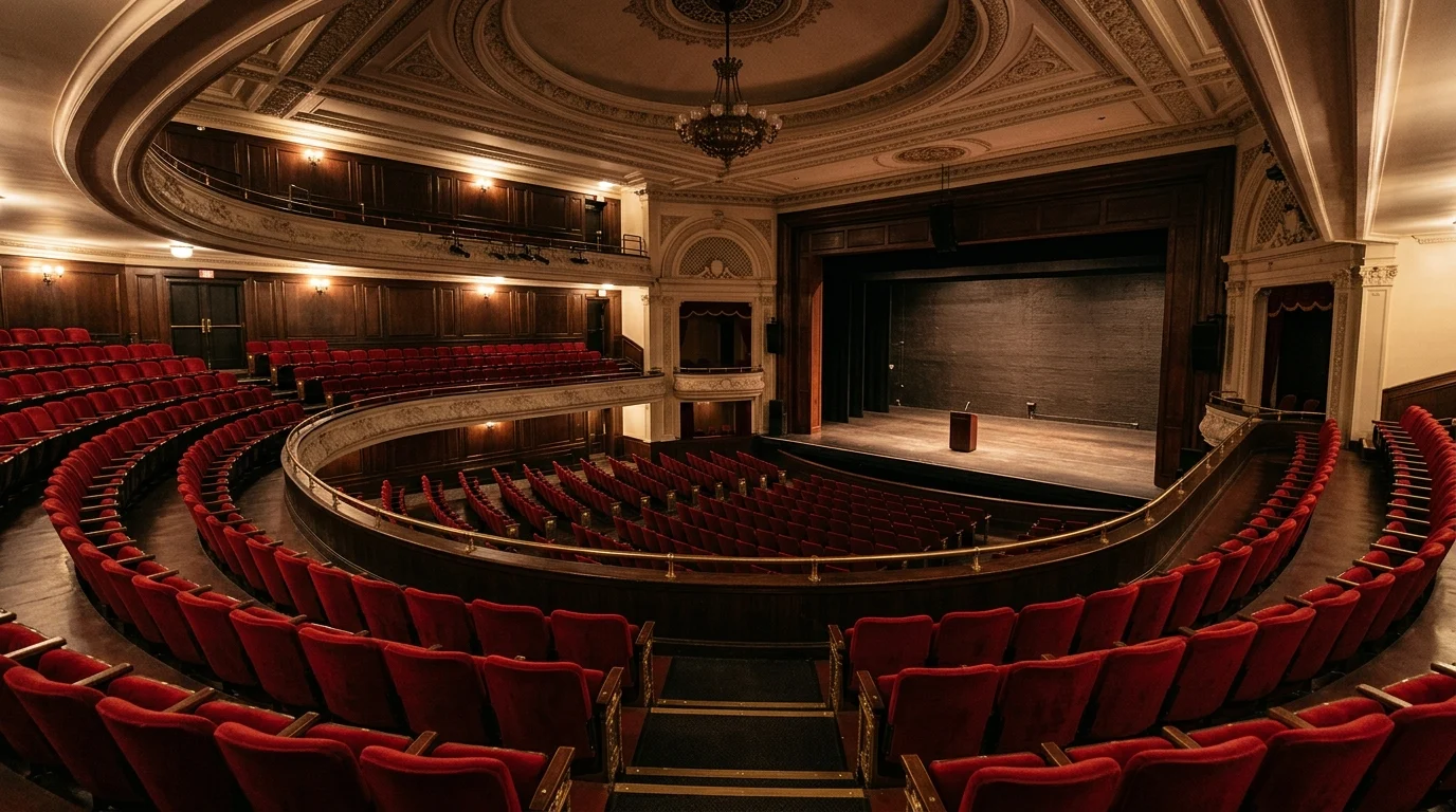 Rows of empty red velvet seats in a grand theatre auditorium facing a bare stage