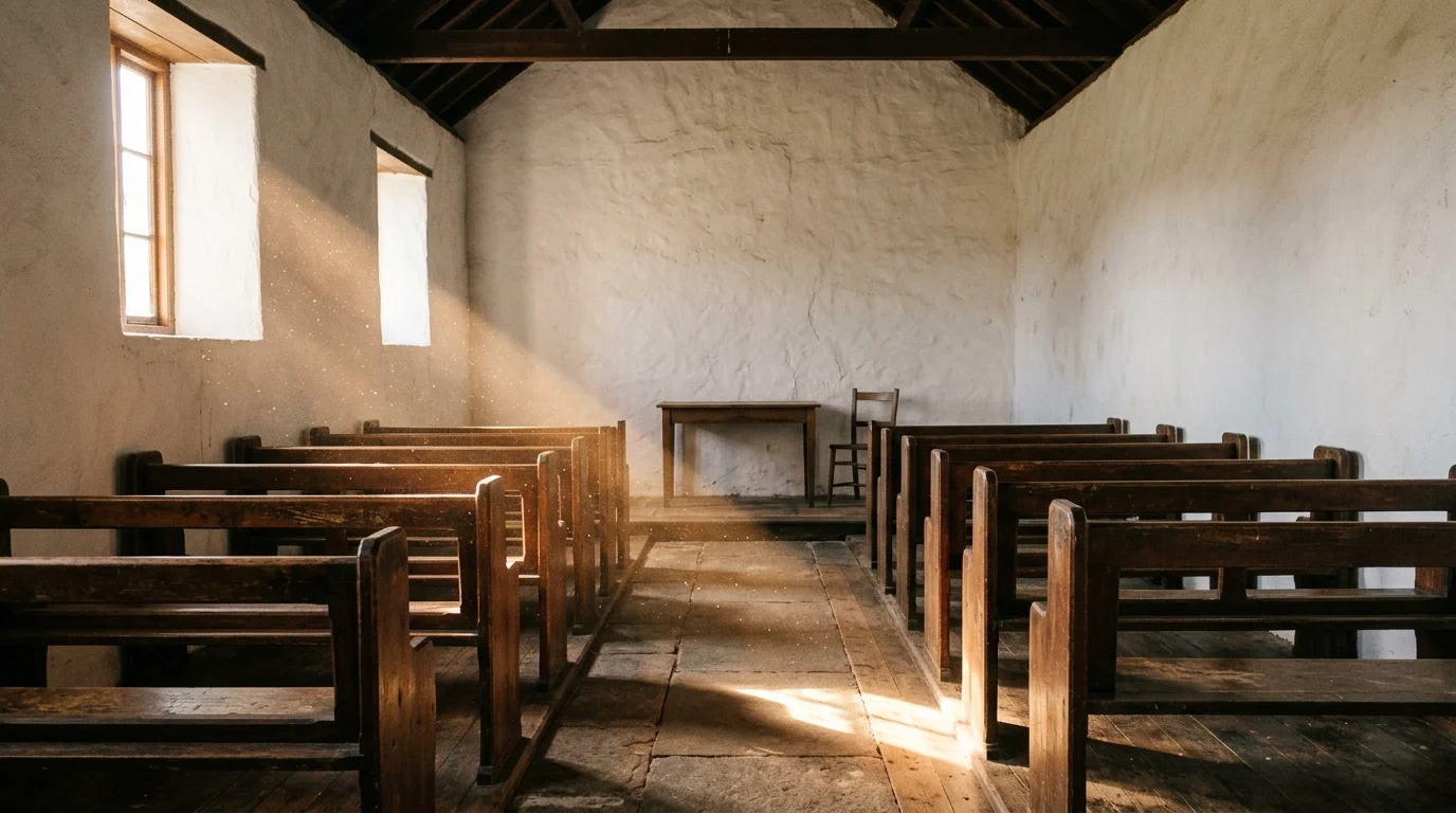Sunlight falling through a high window onto empty wooden pews in a plain whitewashed chapel