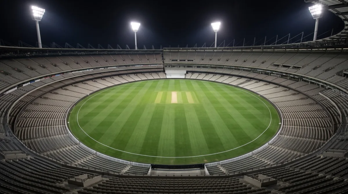 An empty floodlit cricket stadium at night with the pitch strip at the centre of the oval