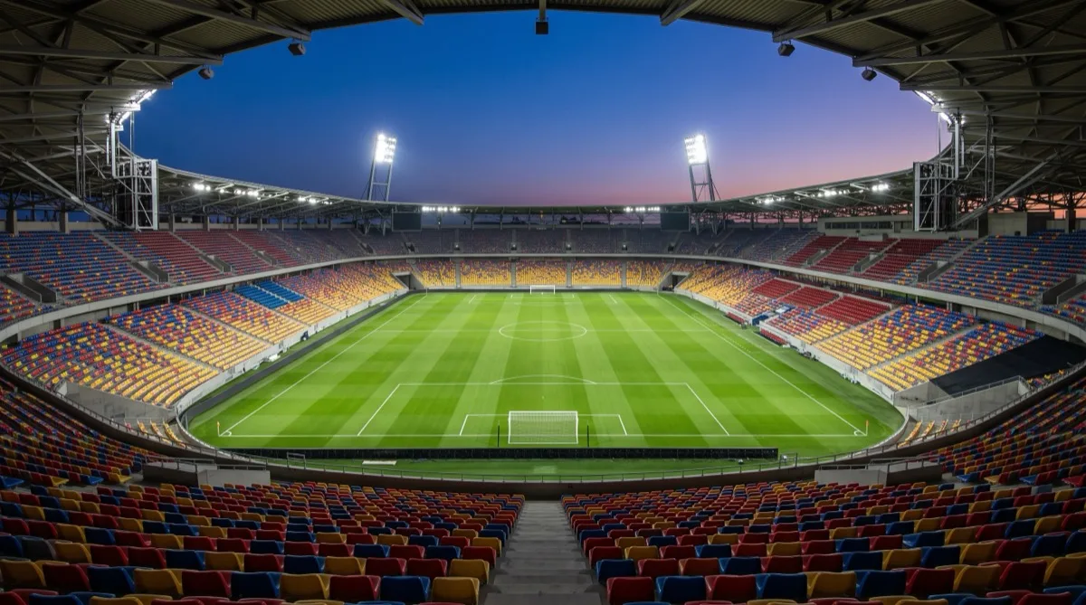 An empty football stadium at dusk seen from the upper stands with the pitch floodlit