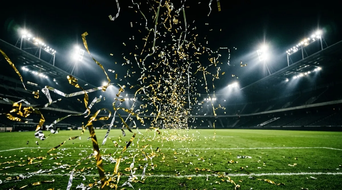 Gold and silver confetti falling through floodlight beams over an empty football pitch at night