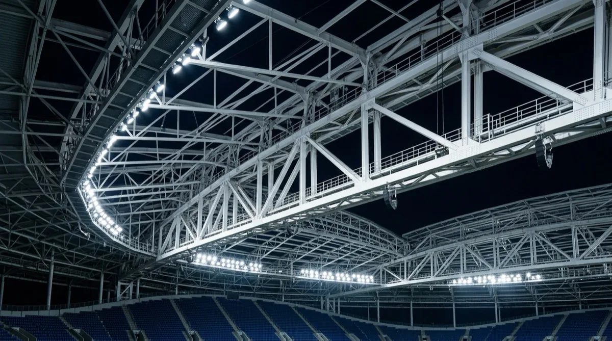 The lit steel roof structure of a modern football stadium seen from inside at night