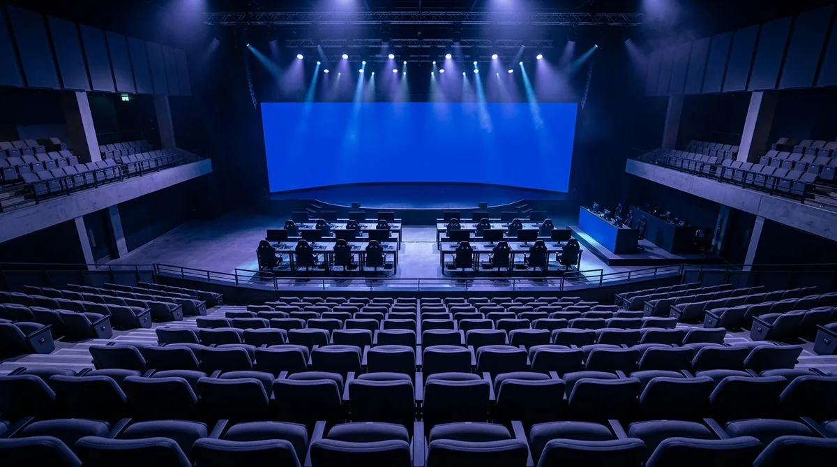 An empty esports arena with player desks on a lit stage and rows of empty seats