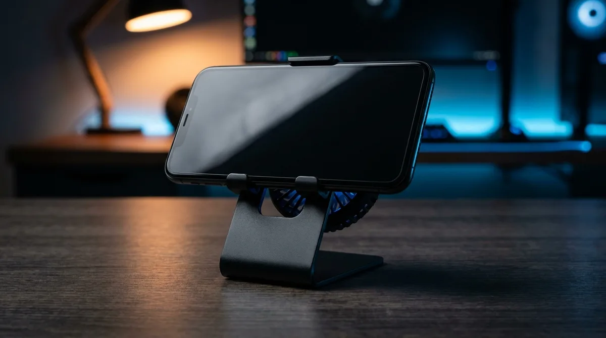 A smartphone clamped in a gaming stand with a clip-on cooling fan on a dark desk