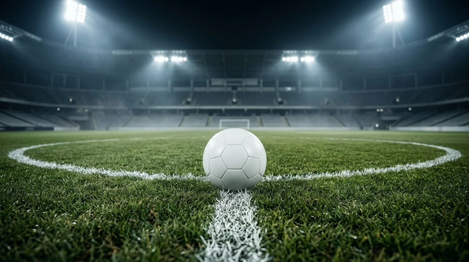 A football on the centre circle of an empty floodlit stadium