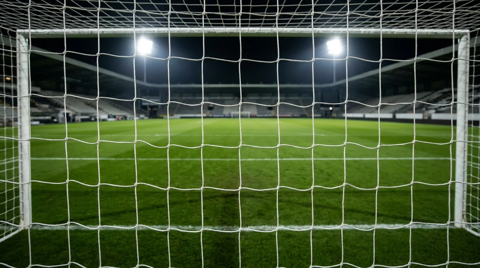 An empty floodlit football pitch seen through the white netting of a goal at night