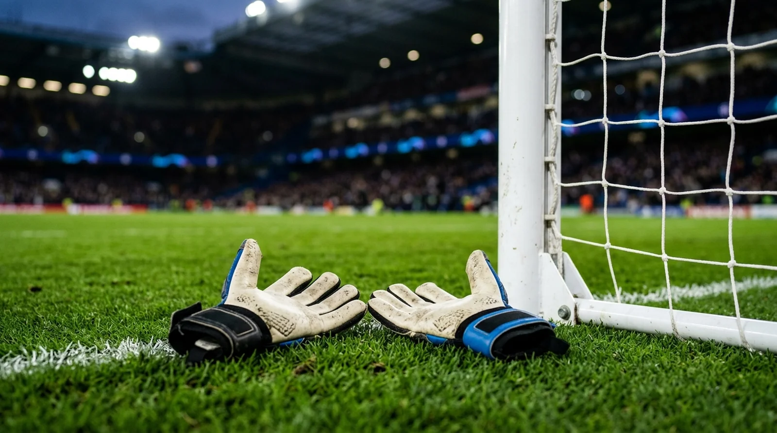 A pair of goalkeeper gloves lying on the grass beside a goalpost in a floodlit stadium