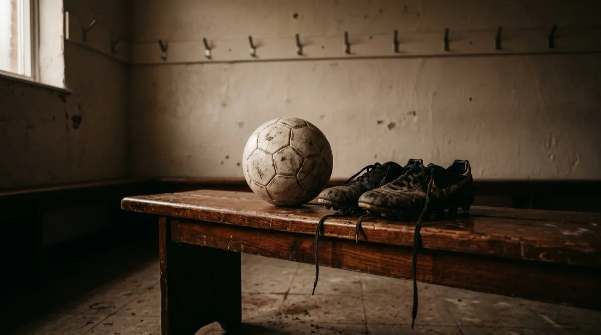 A football and a pair of boots on a wooden bench in an empty dressing room