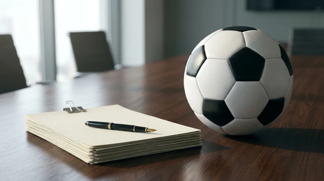 A stack of printed contract pages with a fountain pen on a dark boardroom table beside a black and white football