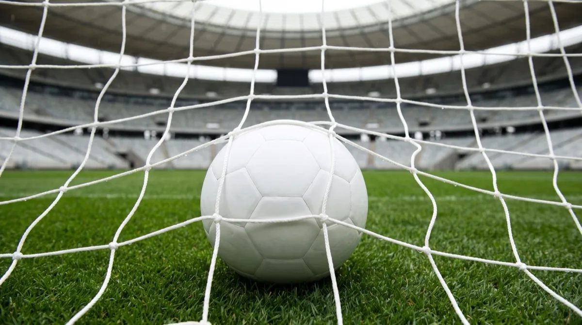 A white football resting in the back of a goal net on a grass pitch