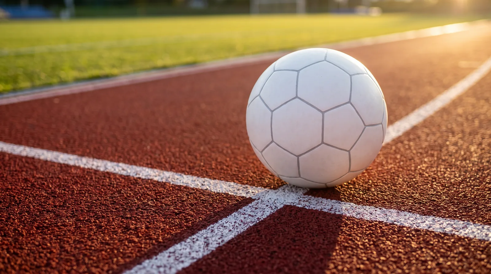A plain white football resting on the white lane line of a red running track