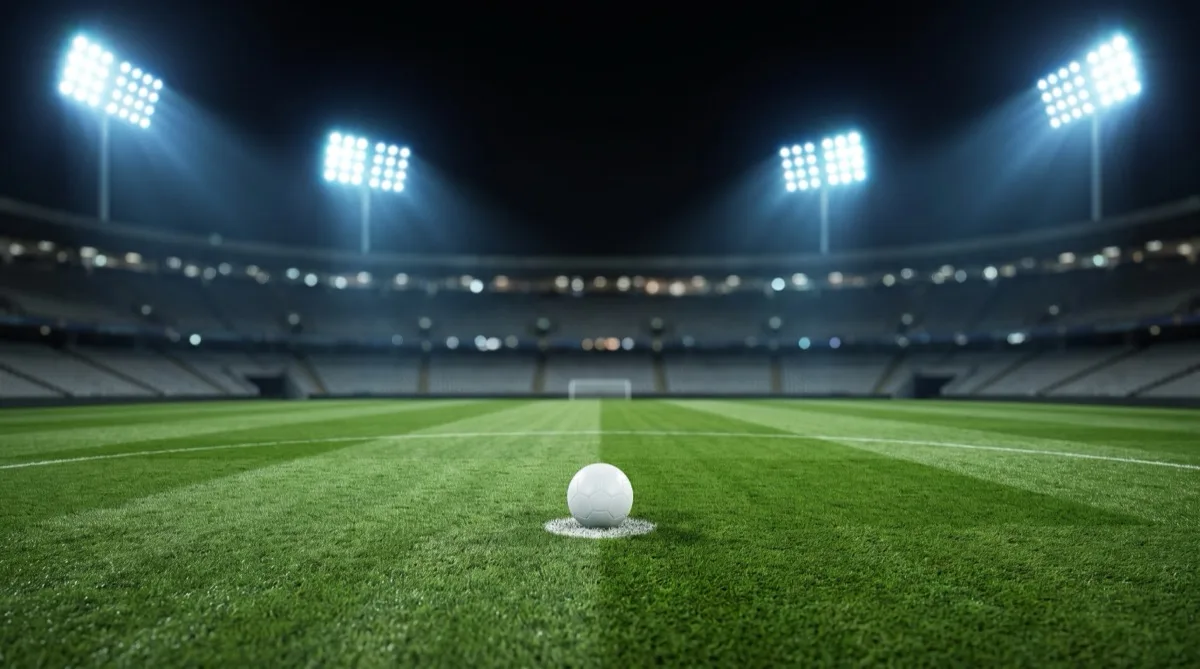 A white football on the penalty spot of a floodlit football pitch in an empty stadium at night