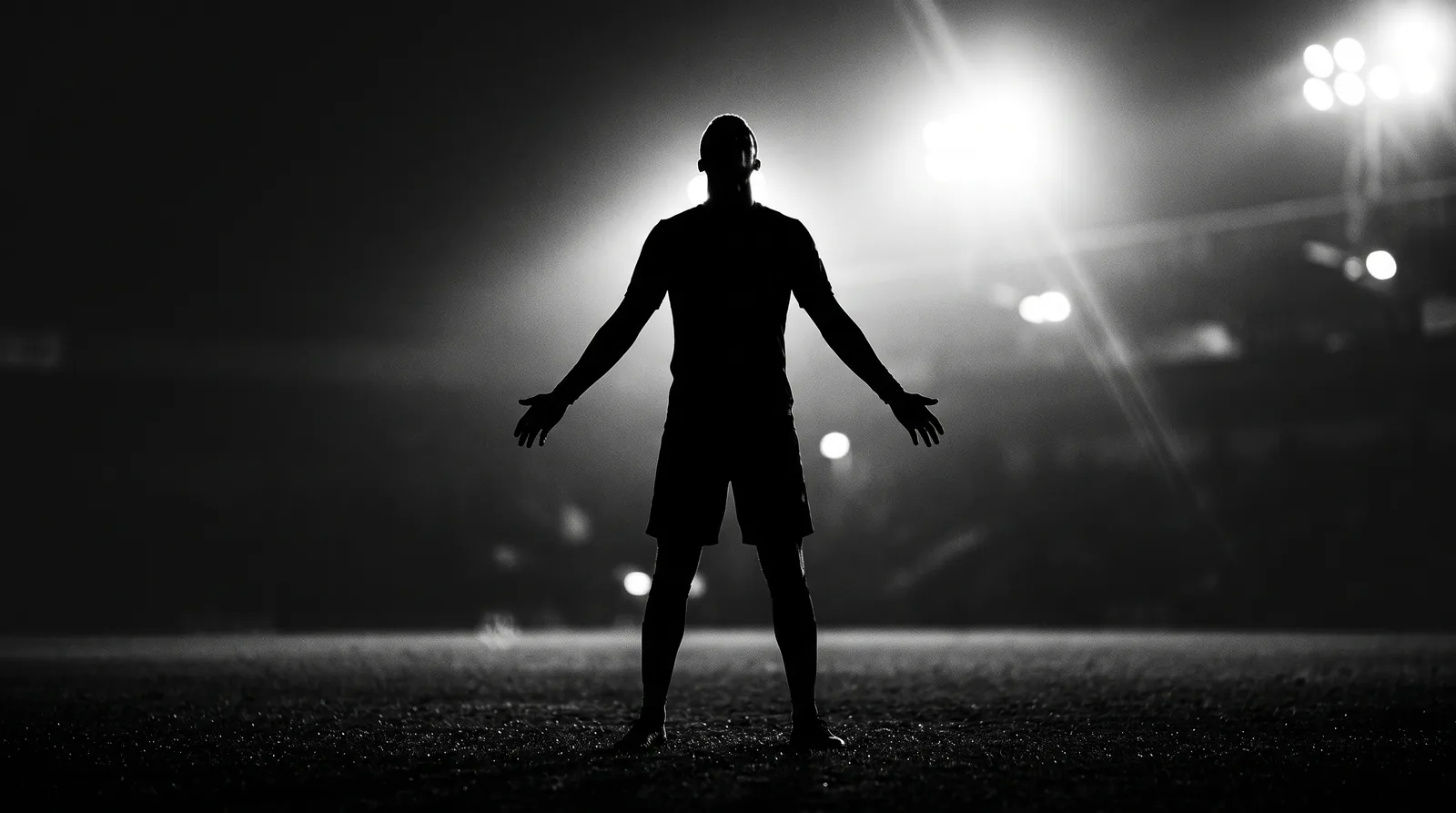 Silhouette of a footballer standing with arms outstretched against stadium floodlights at night
