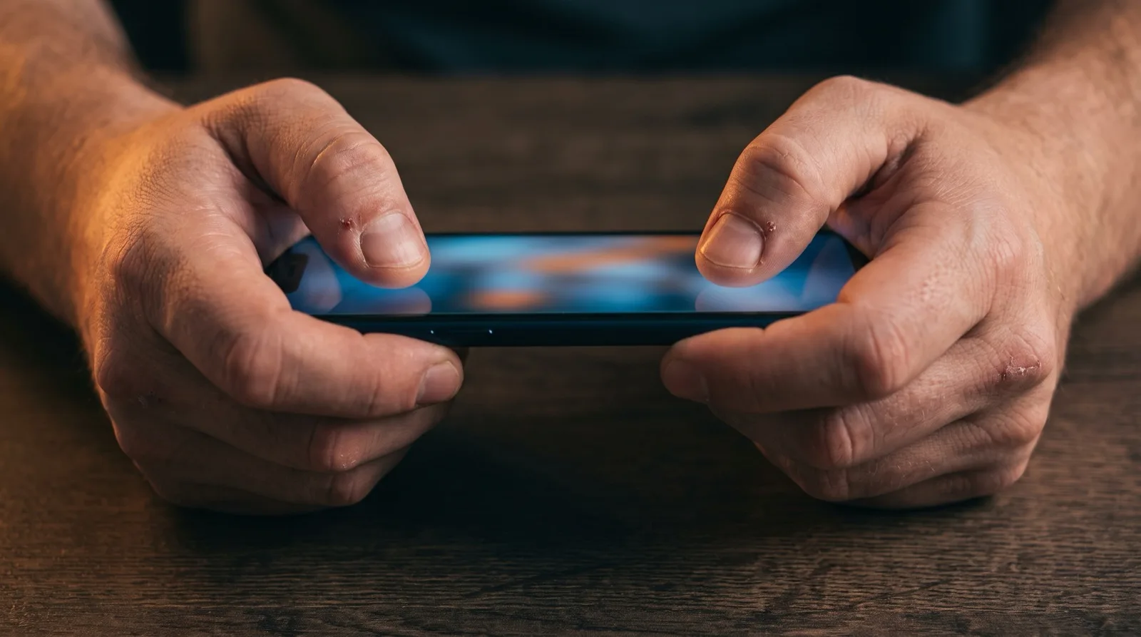 A player holding a smartphone in landscape with both thumbs resting low on the screen