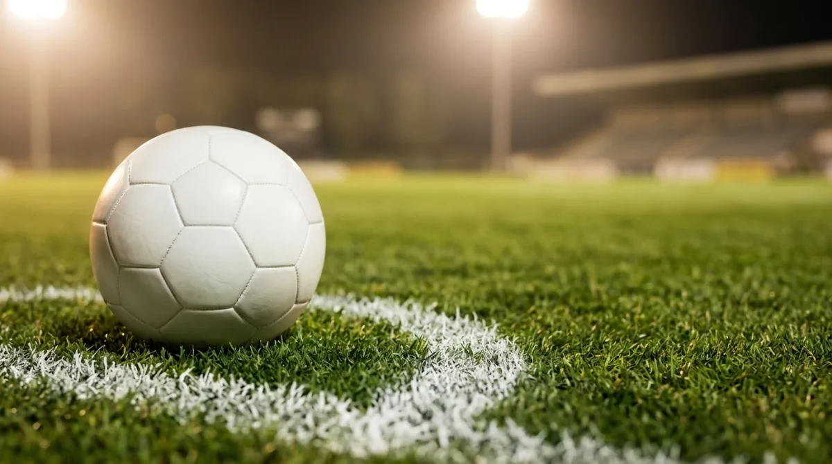 A white football resting on the grass beside a painted pitch marking under stadium floodlights