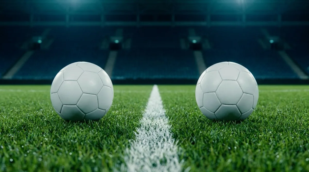 Two white footballs resting either side of a painted white line on a floodlit stadium pitch