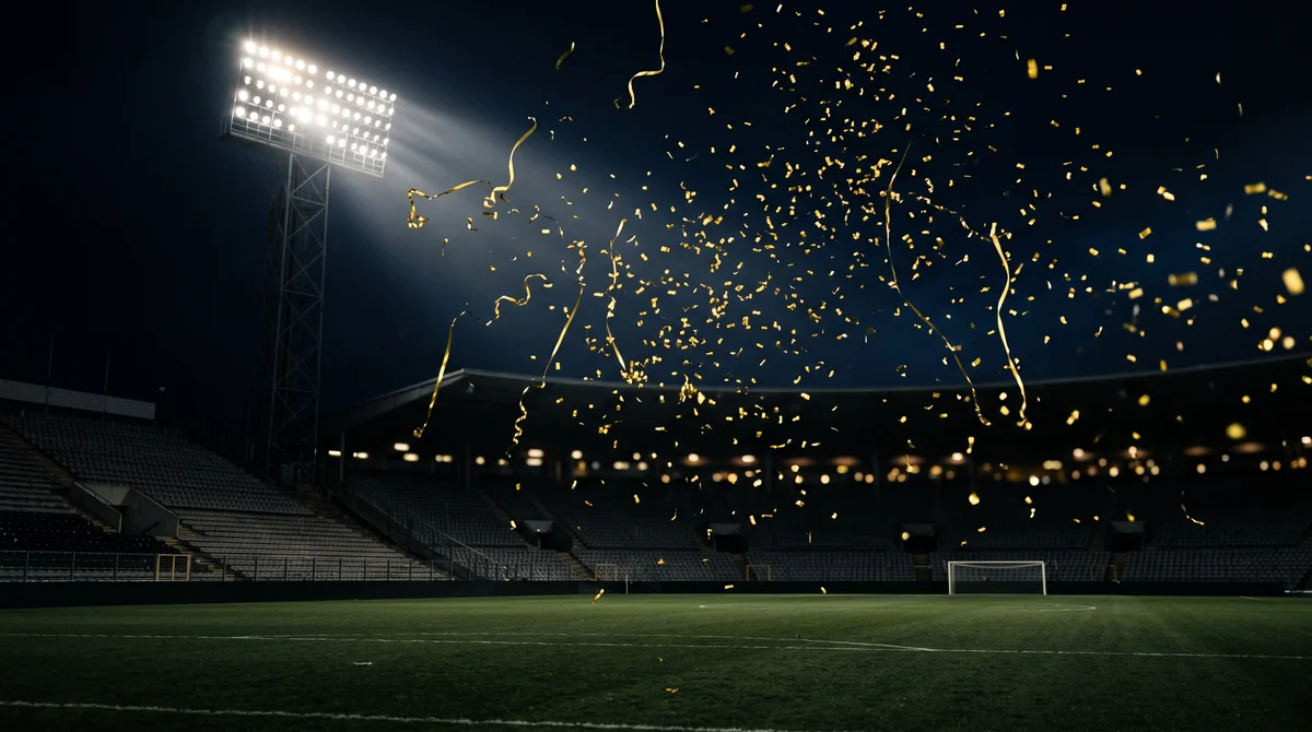 Gold confetti falling through floodlight beams over an empty football pitch at night