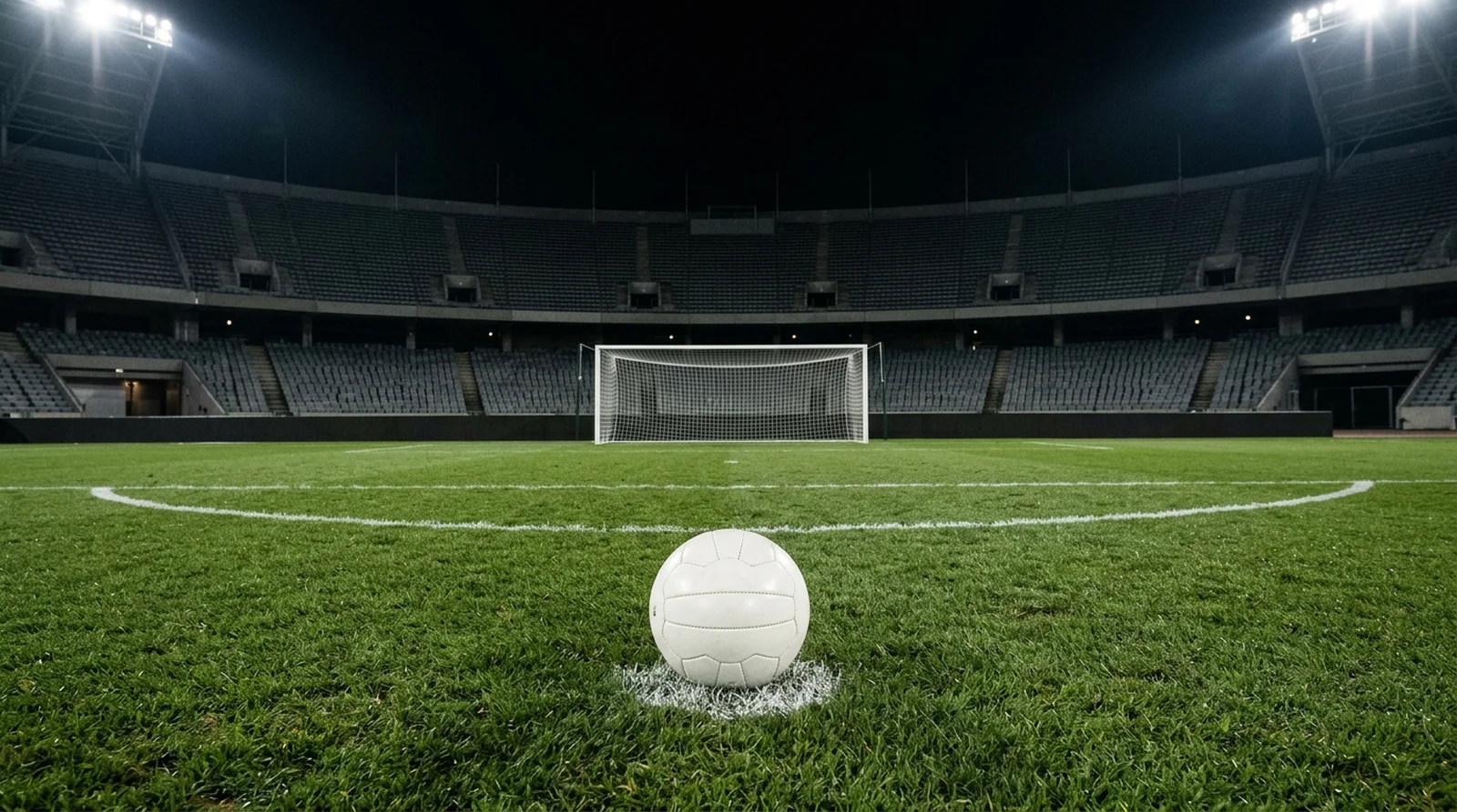A football on the penalty spot of an empty floodlit stadium with the goal in the background