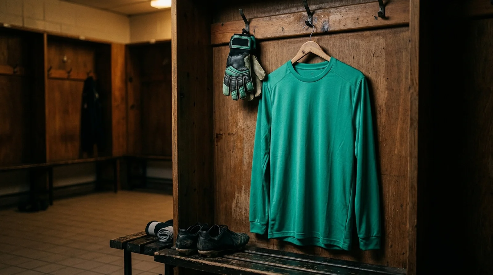 A green goalkeeper jersey and gloves hanging in an empty football dressing room
