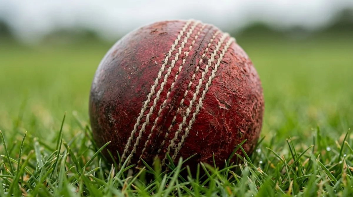 A well-worn red leather cricket ball with a raised white seam resting in grass