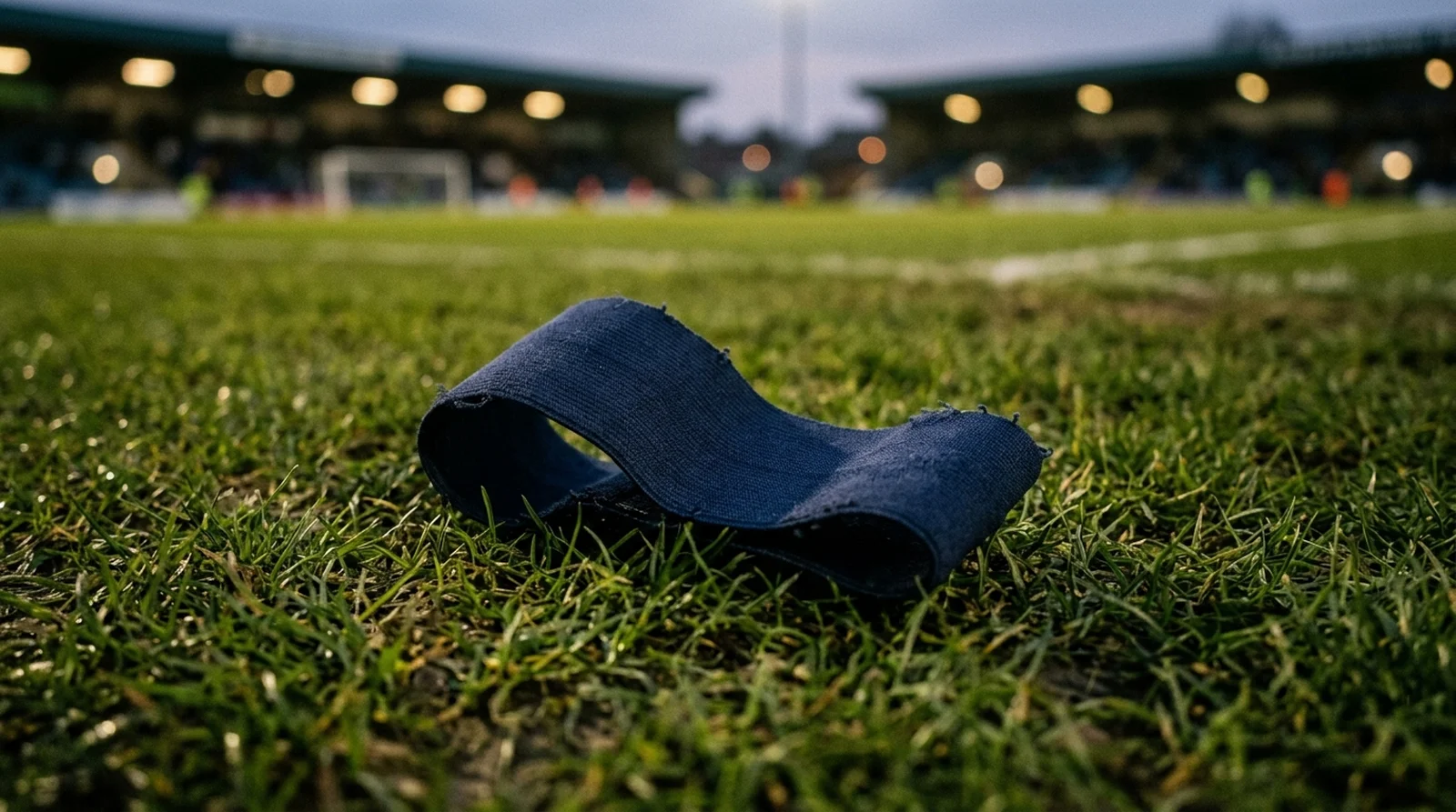A plain captain’s armband lying on the grass of a floodlit football pitch