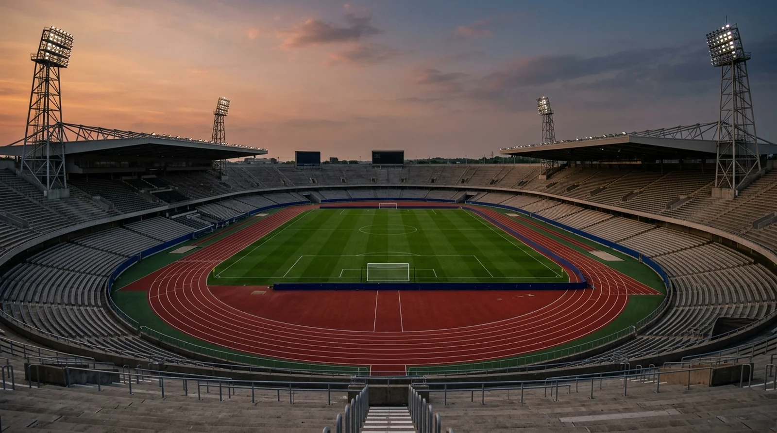 An empty football stadium ringed by an athletics track at dusk
