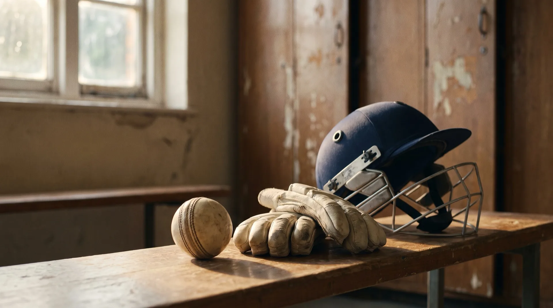 A white cricket ball, batting gloves and a helmet resting on a wooden dressing room bench