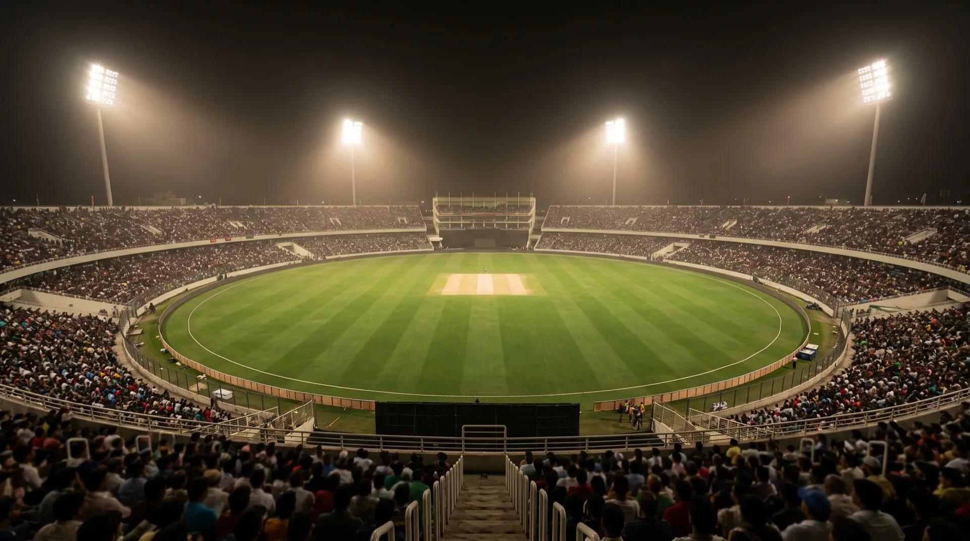 A full cricket stadium under floodlights at night, seen from high in the upper tier