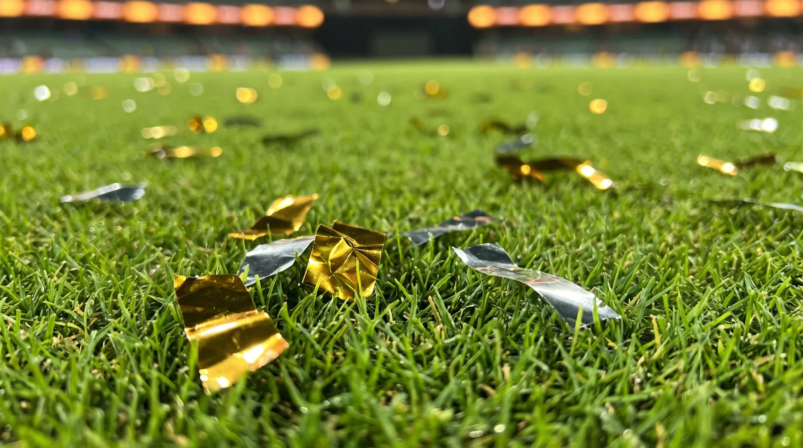 Gold and silver confetti scattered across a floodlit cricket outfield after a final