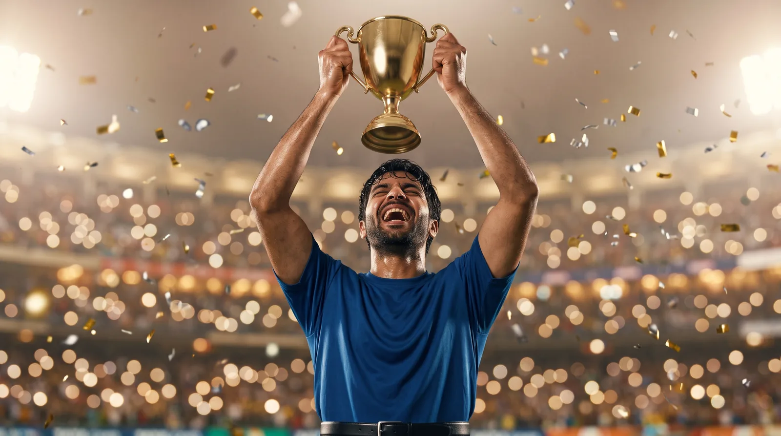 A cricketer in blue lifts a gold trophy above his head as confetti falls