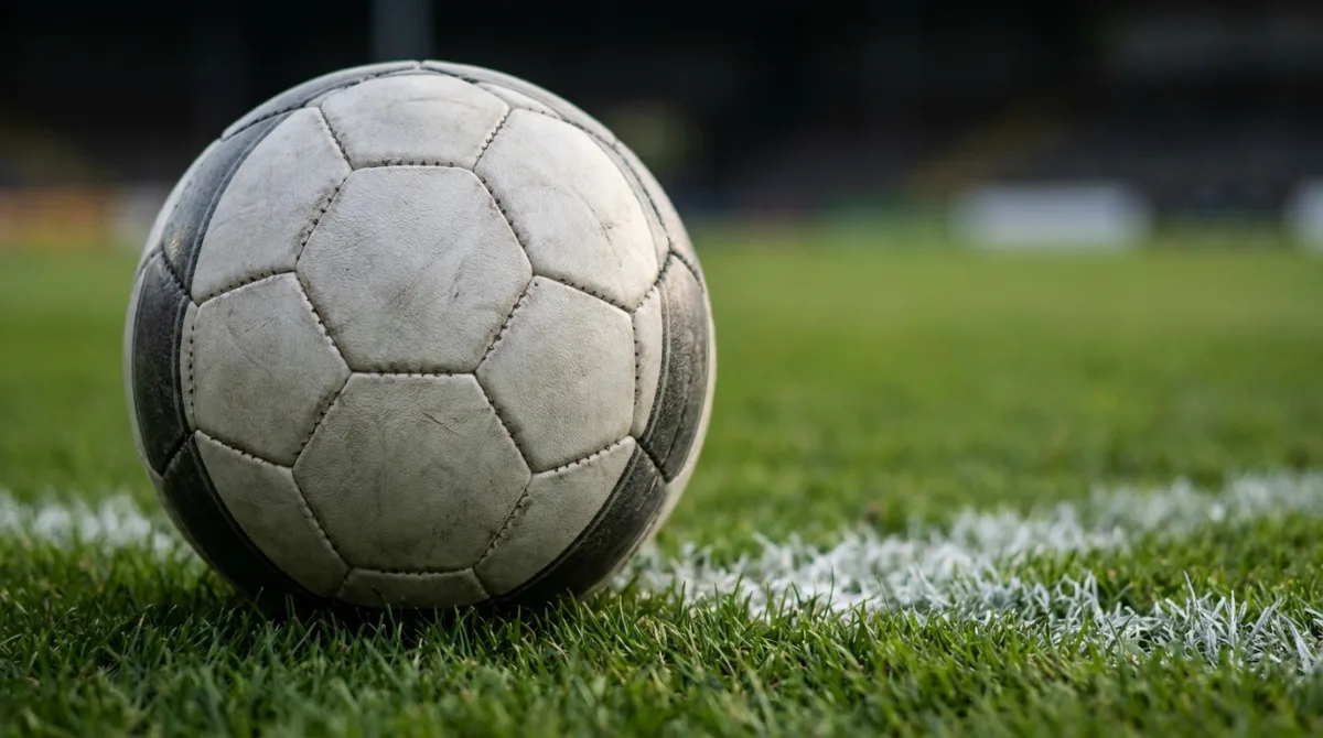 A worn white match ball resting on the grass beside a freshly painted white pitch line