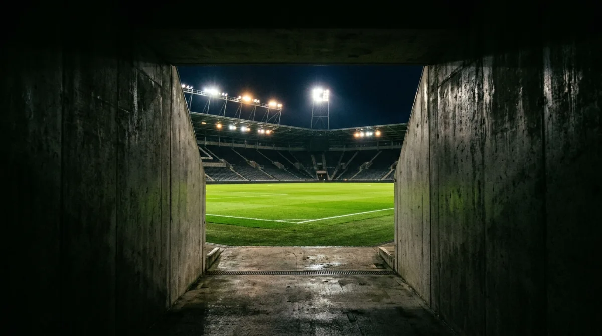 The view from inside a stadium tunnel out onto an empty floodlit football pitch at night