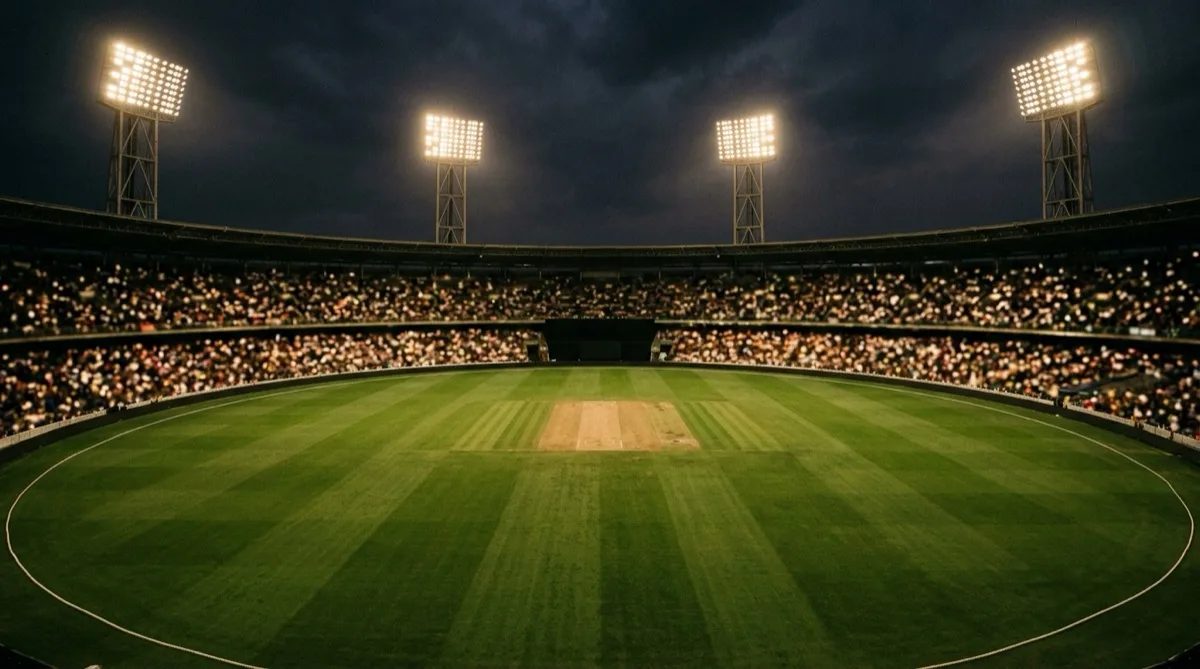 An empty floodlit cricket ground at night with the pitch strip in the centre