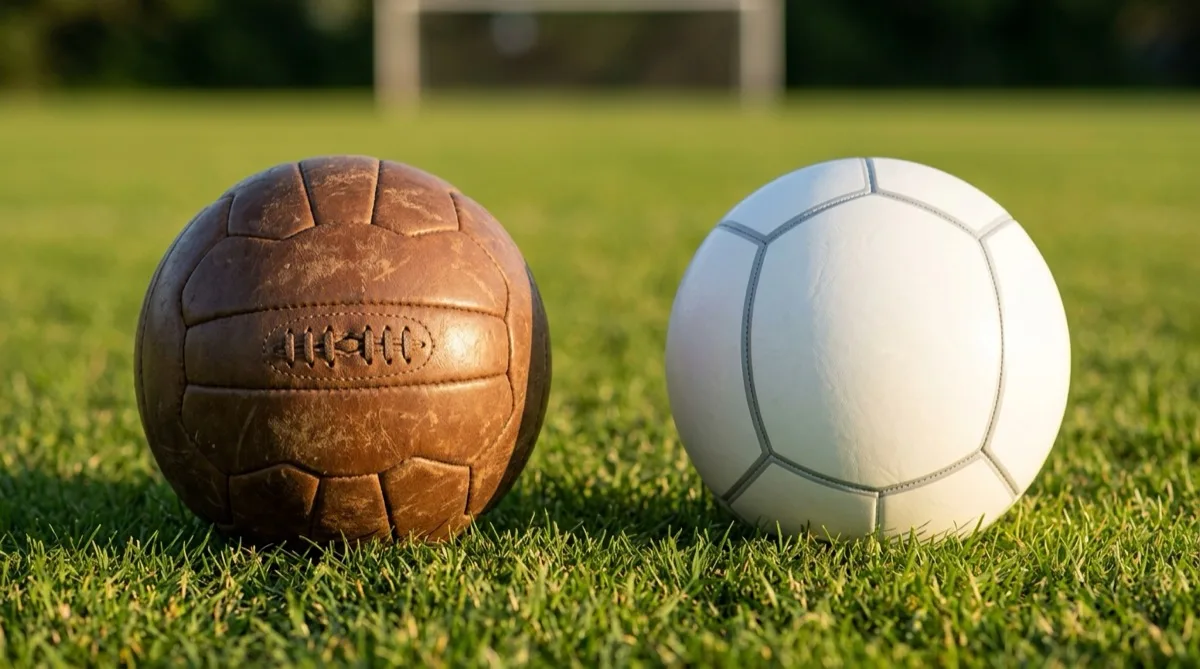 An old brown leather laced football and a modern white football resting side by side on grass