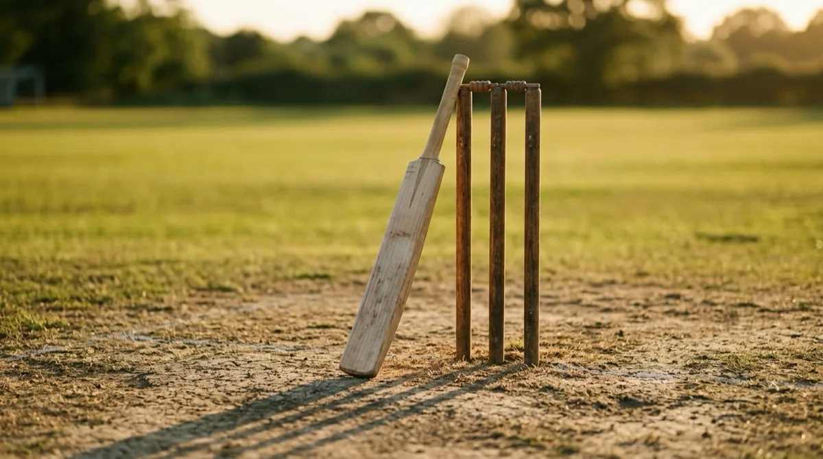 A cricket bat leaning against three stumps on an empty pitch at golden hour
