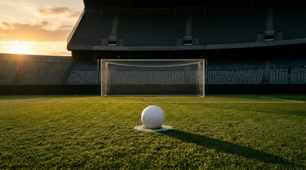A white football on the penalty spot of an empty stadium pitch at golden hour with a long shadow