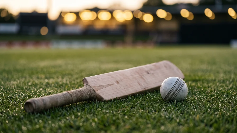 Cricket bat and white ball on the outfield grass under floodlights