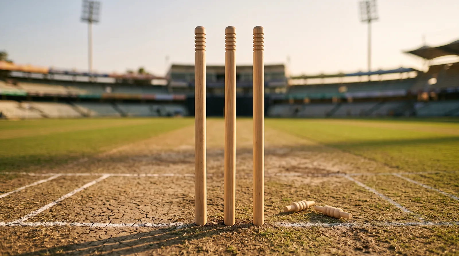 Three intact cricket stumps standing on a dry pitch with both bails knocked off and lying on the ground